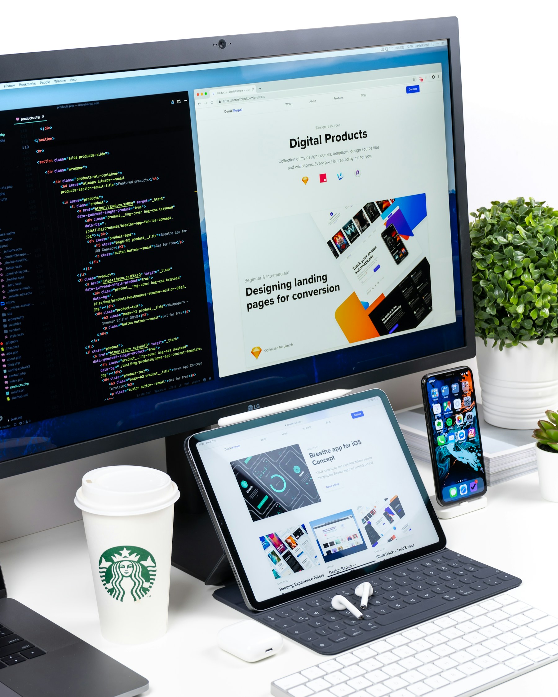 Website and mobile app work across monitor, tablet, and a modern phone